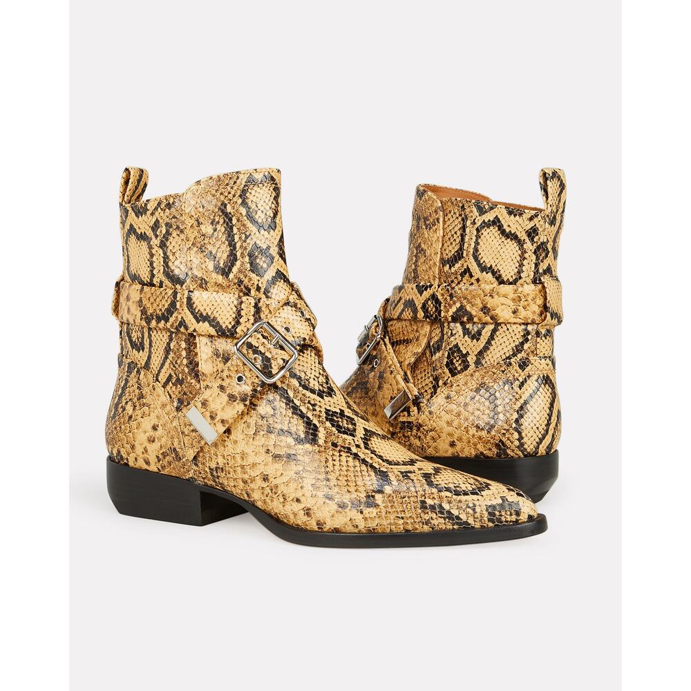 Chloe Rylee Python Snakeskin Print Leather Buckle Pointed Toe Ankle Boots 37